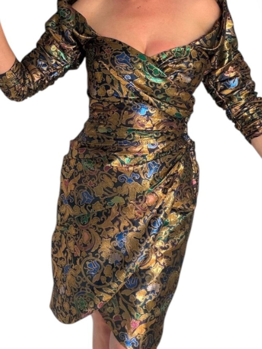 Victor Costa Metallic Brocade Midi Dress in Gold Multicolor